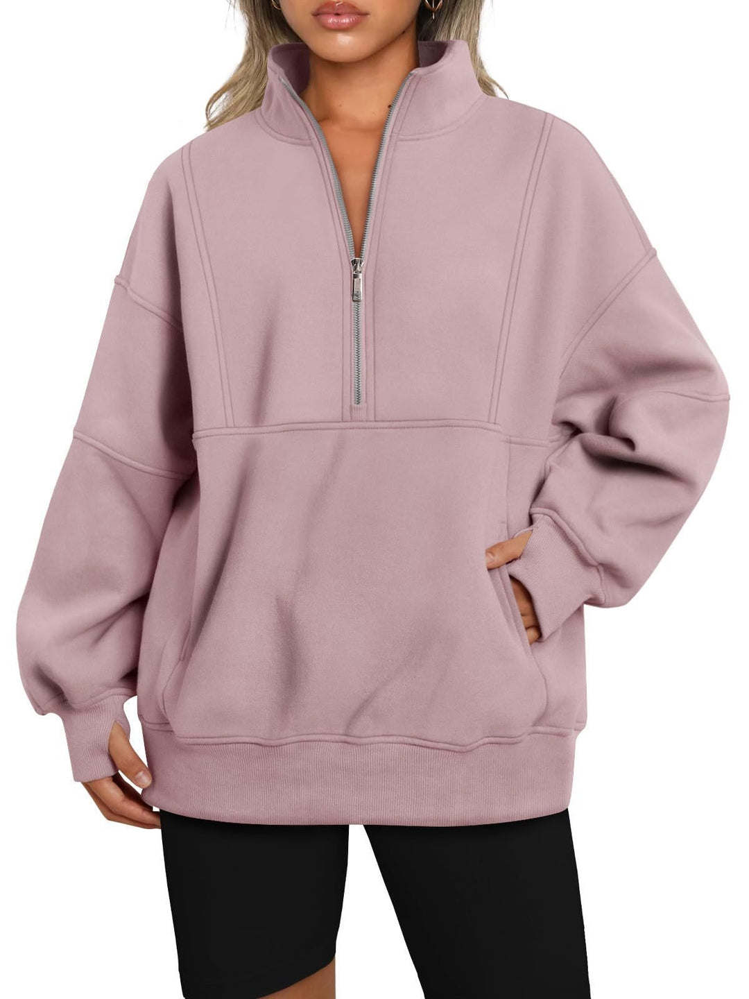 Damen Oversize-Sweatshirt mit halbem Reißverschluss, Stehkragen und Kängurutasche Shop Nory