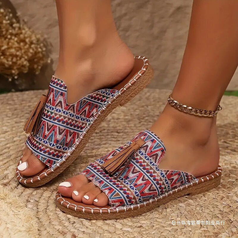 Damen Boho-Ethno-Quasten-Pantoletten mit geflochtener Sohle und gepolstertem Fußbett Shop Nory