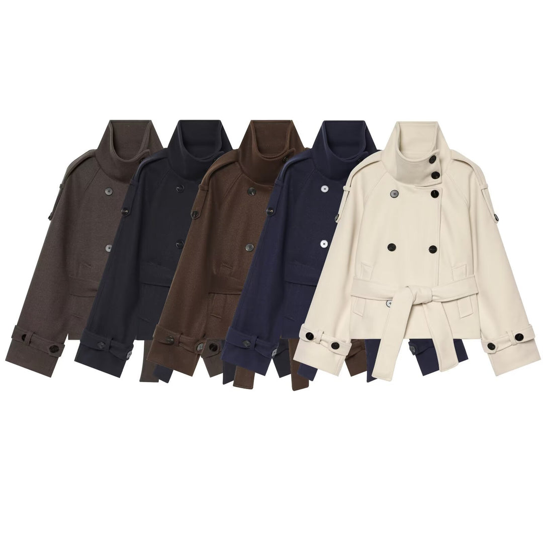 Damen Kurze Capejacke aus Wollmix mit hohem Stehkragen, Doppelreihe und Bindegürtel Shop Nory