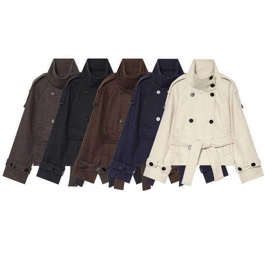 Damen Kurze Capejacke aus Wollmix mit hohem Stehkragen, Doppelreihe und Bindegürtel Shop Nory