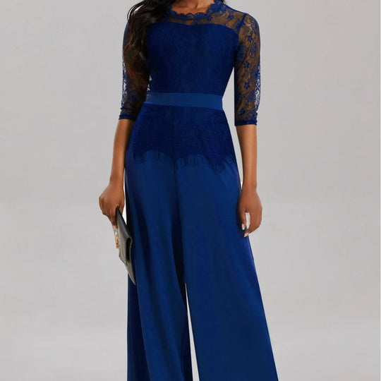 Eleganter Damen Jumpsuit mit Spitzenärmeln und Weitem Bein | Shopnory