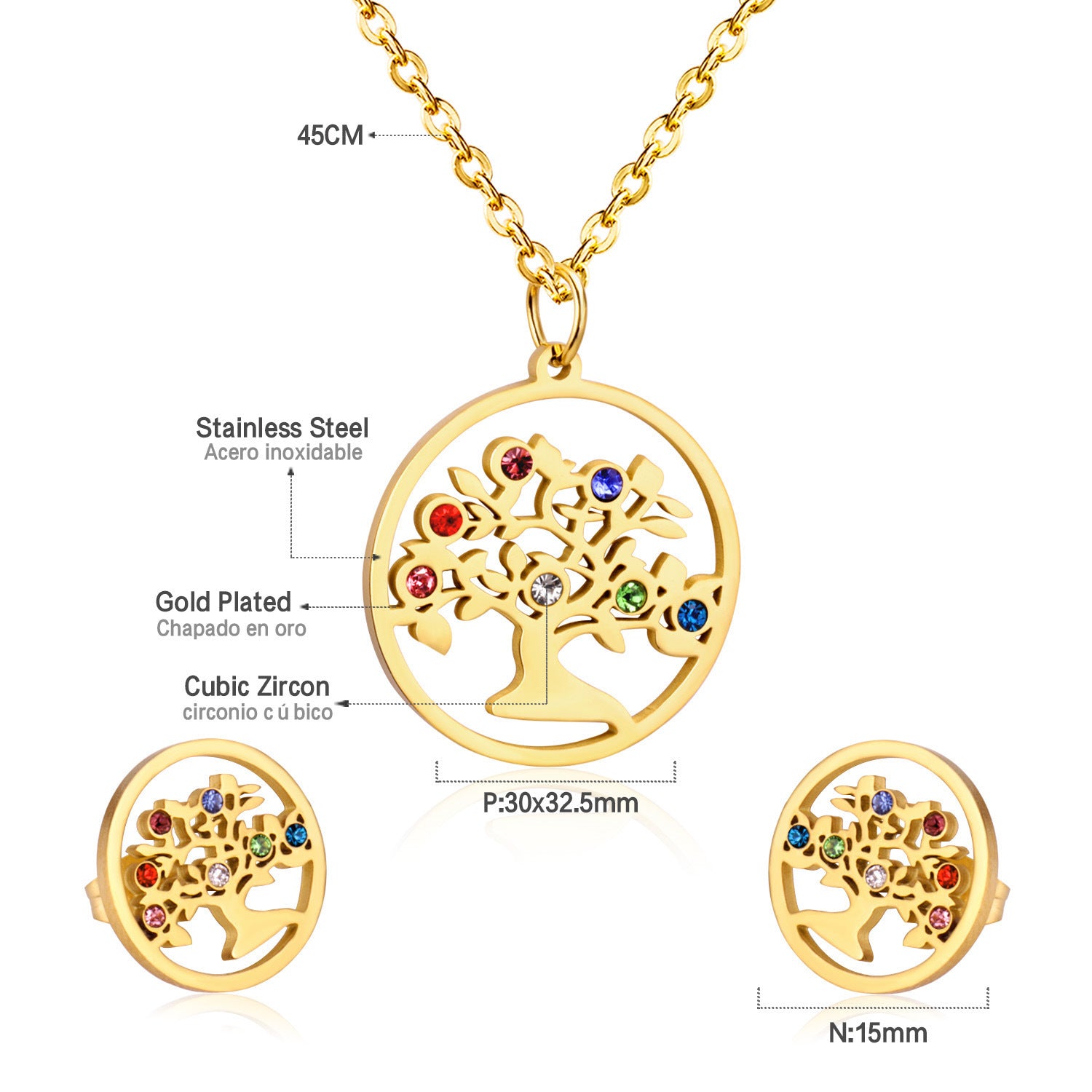 Damen Schmuckset mit Baum-Anhängern aus hochwertigem Edelstahl und goldplattiertem Design Shop Nory