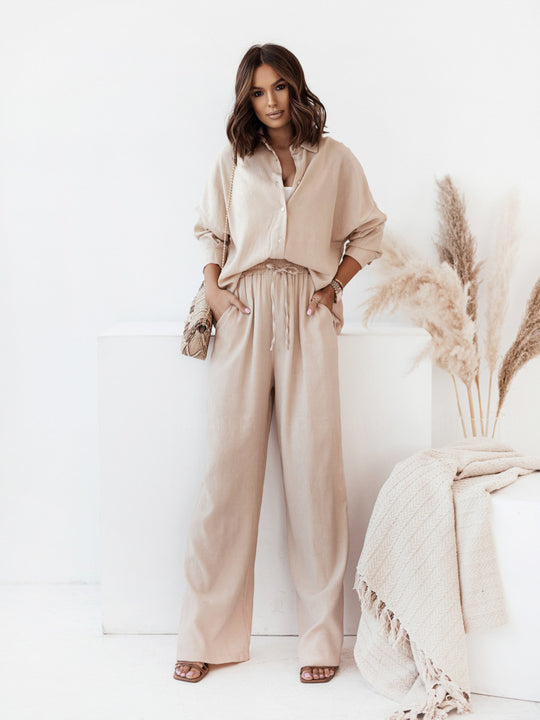 Damen Crinkle-Lounge-Set mit oversized Hemdbluse und weiten Palazzo-Hosen Shop Nory