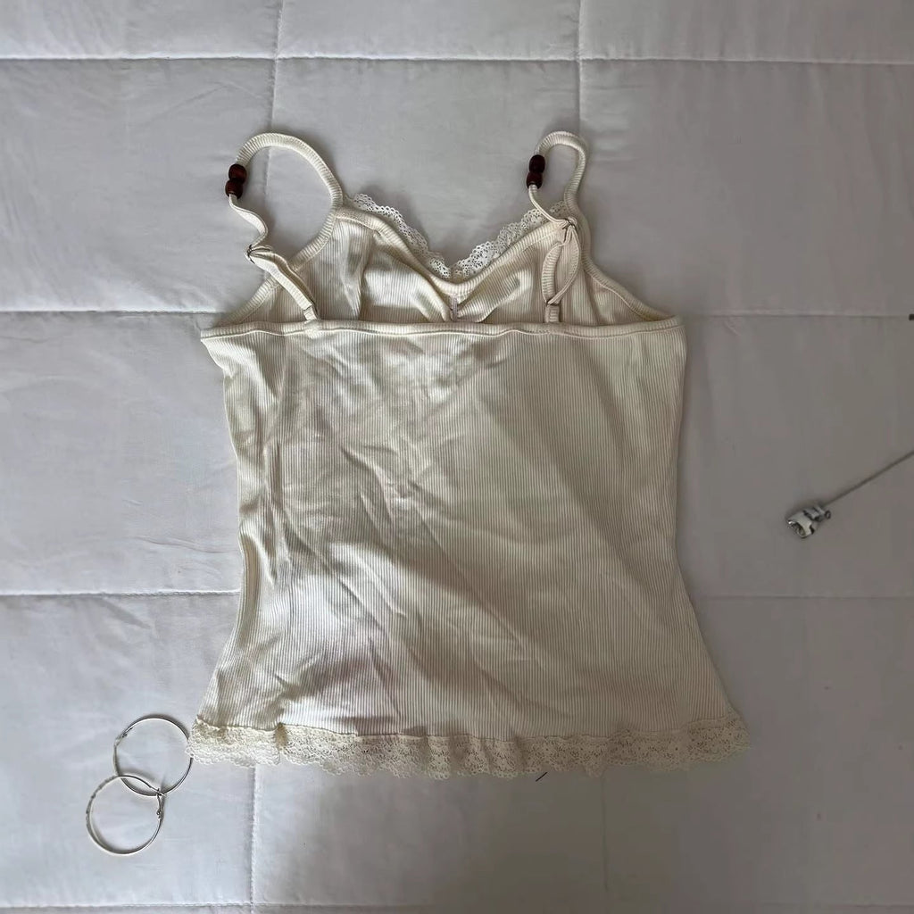 Damen Verspieltes Spaghetti-Träger Top mit Spitzendetails Shopnory