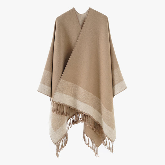 Damen Rechteckiger Wollmix‑Poncho mit offener Front, feiner Kettelnaht und Fransensaum Shop Nory