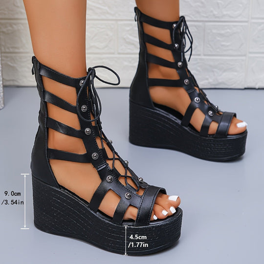 Damen Plateau Sandalen mit Schnürung