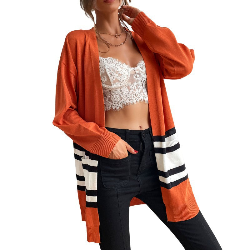 Damen Longline-Cardigan mit Kontraststreifen, aufgesetzten Taschen & Rippbündchen Shop Nory