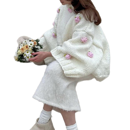 Damen nan Oversize-Strickpullover mit 3D-Blütenapplikationen und weiten Trompetenärmeln Shop Nory