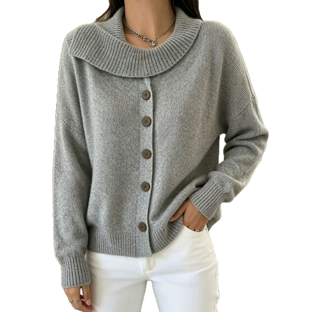 Damen Kuscheliger Knopf-Cardigan mit breitem Rollkragen und gerippten Bündchen Shop Nory