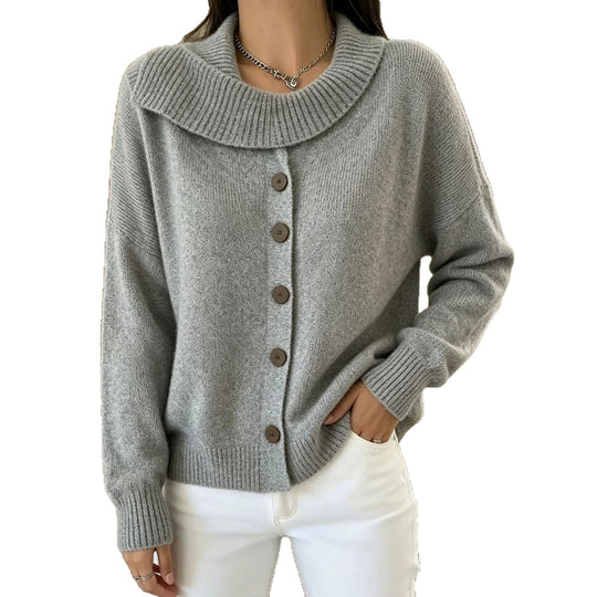Damen Kuscheliger Knopf-Cardigan mit breitem Rollkragen und gerippten Bündchen Shop Nory