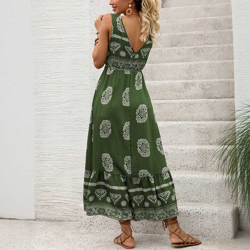 Damen Maxikleid mit V-Ausschnitt, tailliertem Bindegürtel und gestuftem Volant Saum Shop Nory