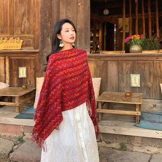 Damen Gestrickter V-Ausschnitt-Poncho mit Fransen und Strukturjacquard Shop Nory
