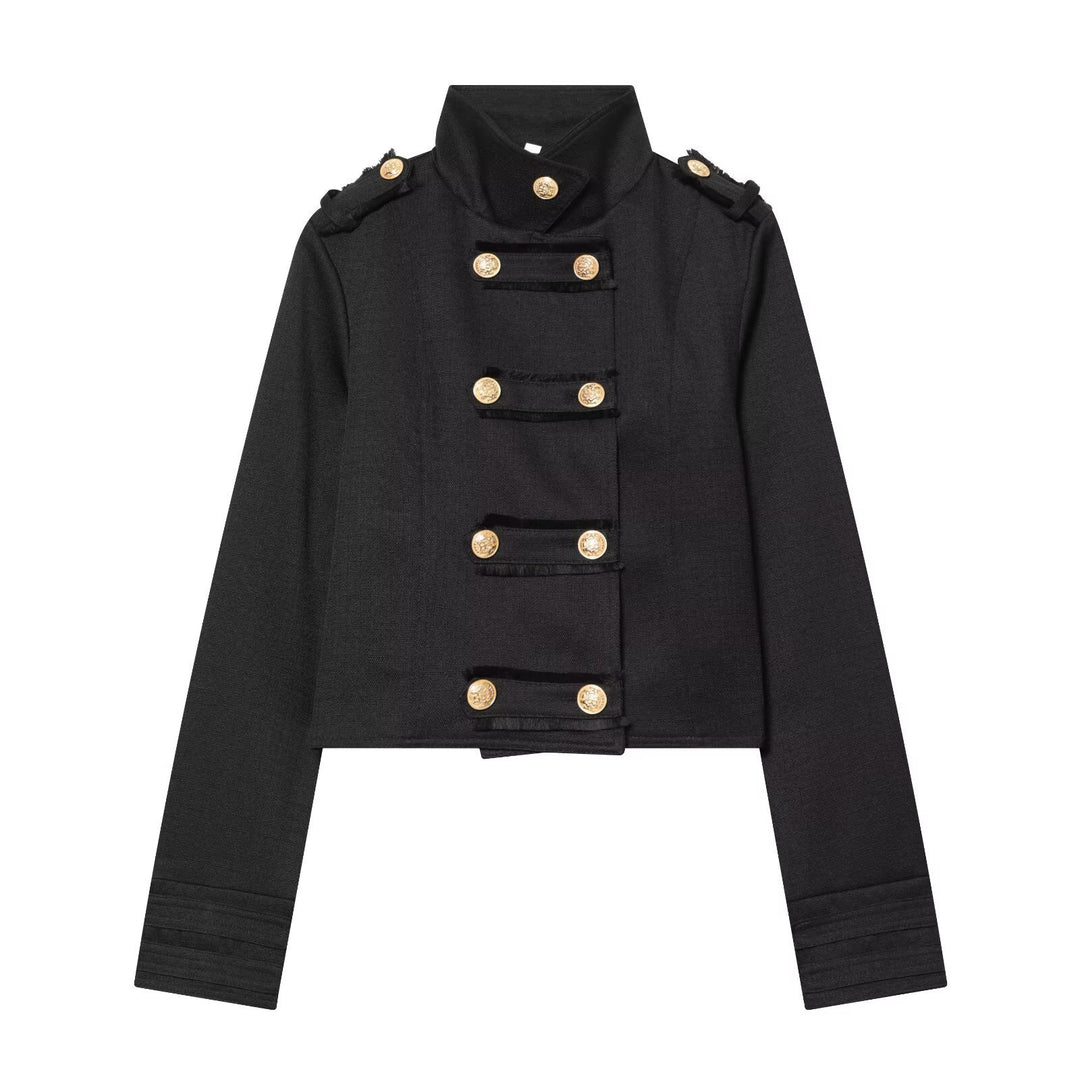 Damen Cropped Uniformjacke im Militärstil mit Stehkragen und Zierknopfleiste Shop Nory