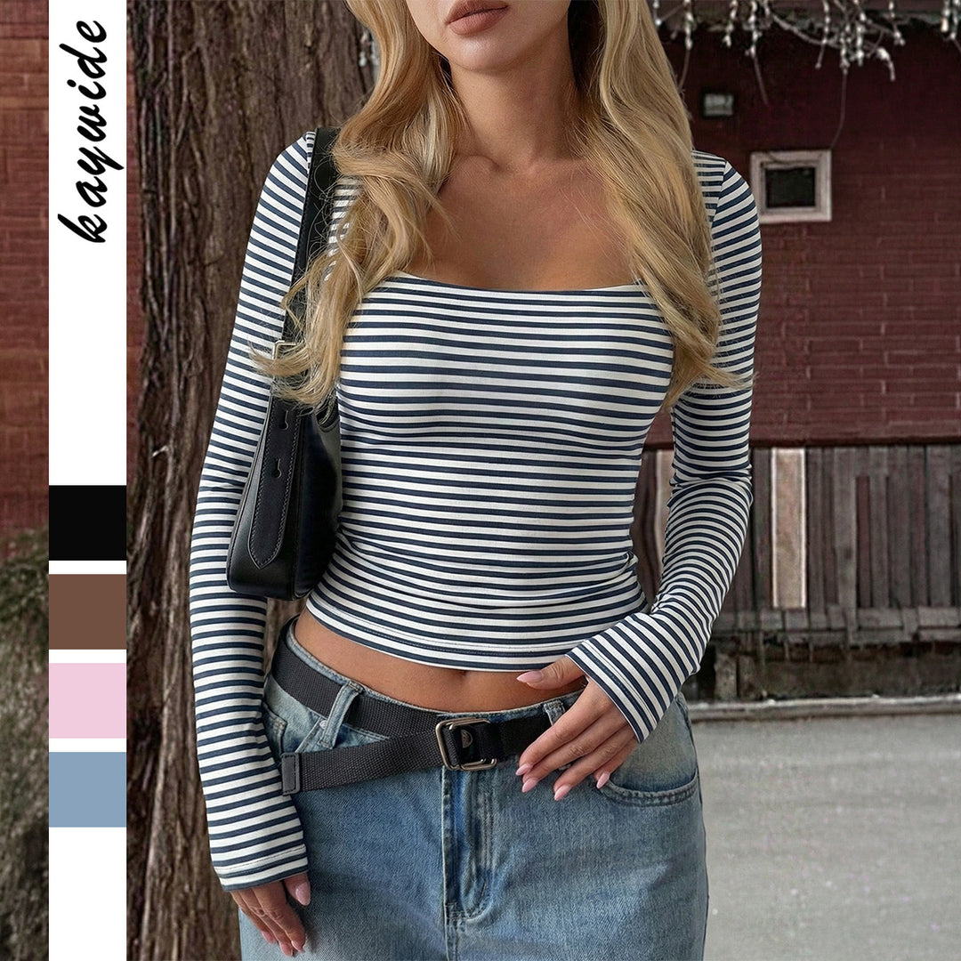 Damen nan gestreiftes tailliertes Langarm-Cropped-Shirt aus Baumwollstretch Shop Nory