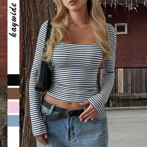 Damen nan gestreiftes tailliertes Langarm-Cropped-Shirt aus Baumwollstretch Shop Nory
