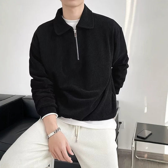 Herren Gerippter Pullover mit Halbreißverschluss und Polokragen Shop Nory