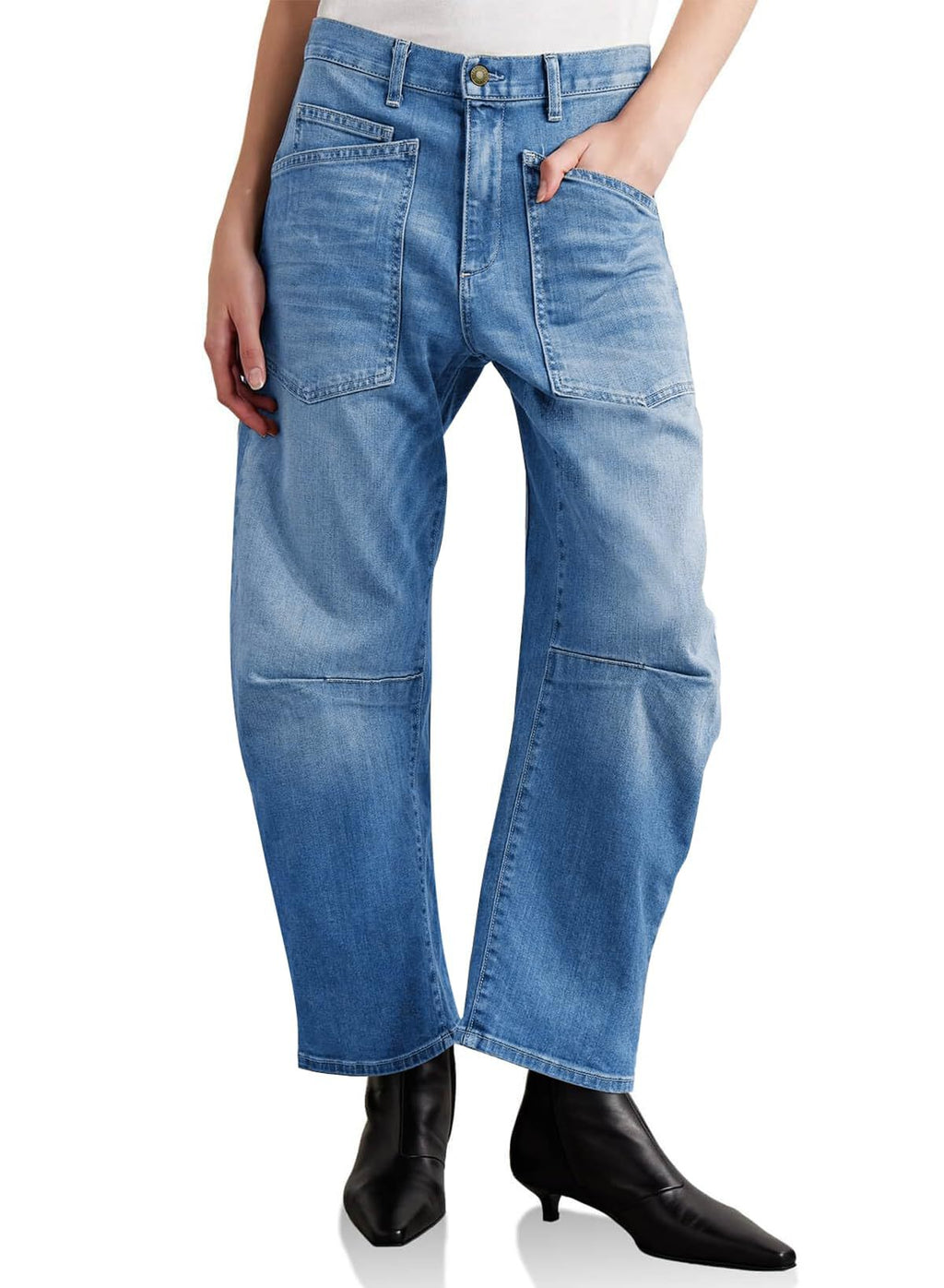 Damen halbhohe Denim-Hose mit einzigartigen aufgesetzten Taschen Shopnory