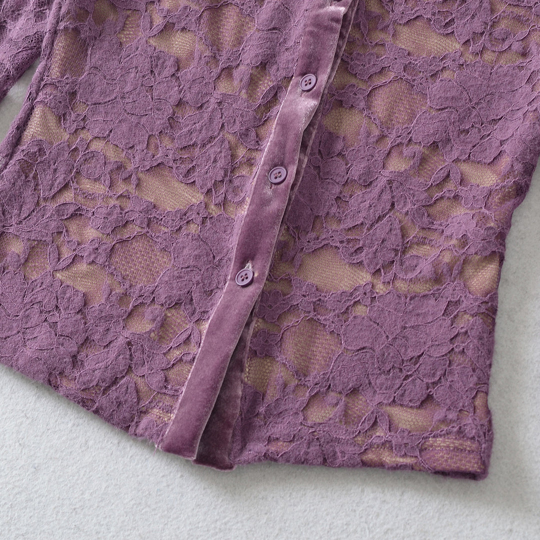 Damen Feiner Spitzen-Cardigan mit passendem Untertop und Samtbesatz Shop Nory