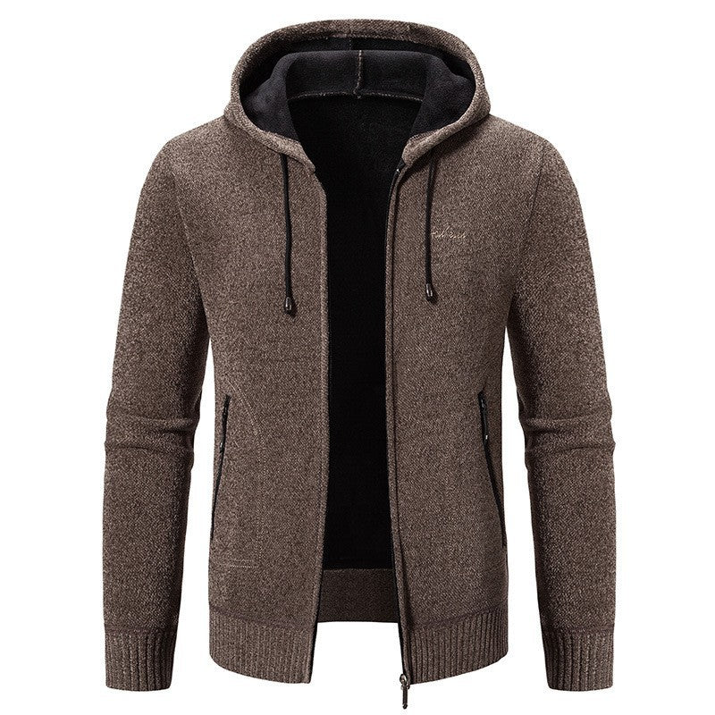 Herren warme Strickoptik-Zipjacke mit Teddyfutter, Kapuze und verdeckten Reißverschlusstaschen Shop Nory