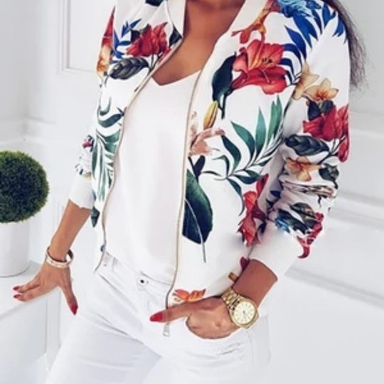 Damen Blousonjacke mit floralem Allover-Print, Reißverschluss und Rippbündchen Shop Nory