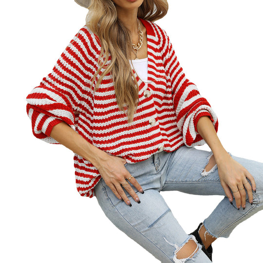 Damen gestreifte oversized Strickjacke mit V-Ausschnitt und Knopfleiste Shop Nory