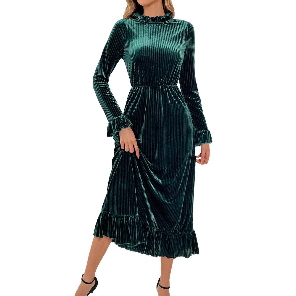 Damen Midikleid aus plissiertem Samt mit Stehkragen geraffter Taille und Volant-Saum Shop Nory