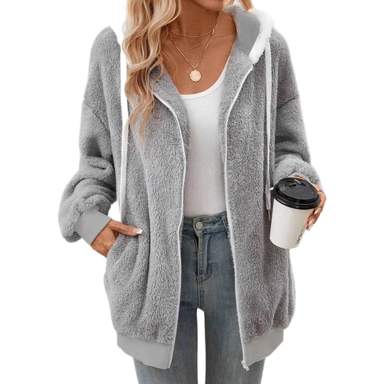 Damen Kuschelige Teddy-Fleece-Kapuzenjacke mit Reißverschluss und Oversized-Schnitt Shop Nory