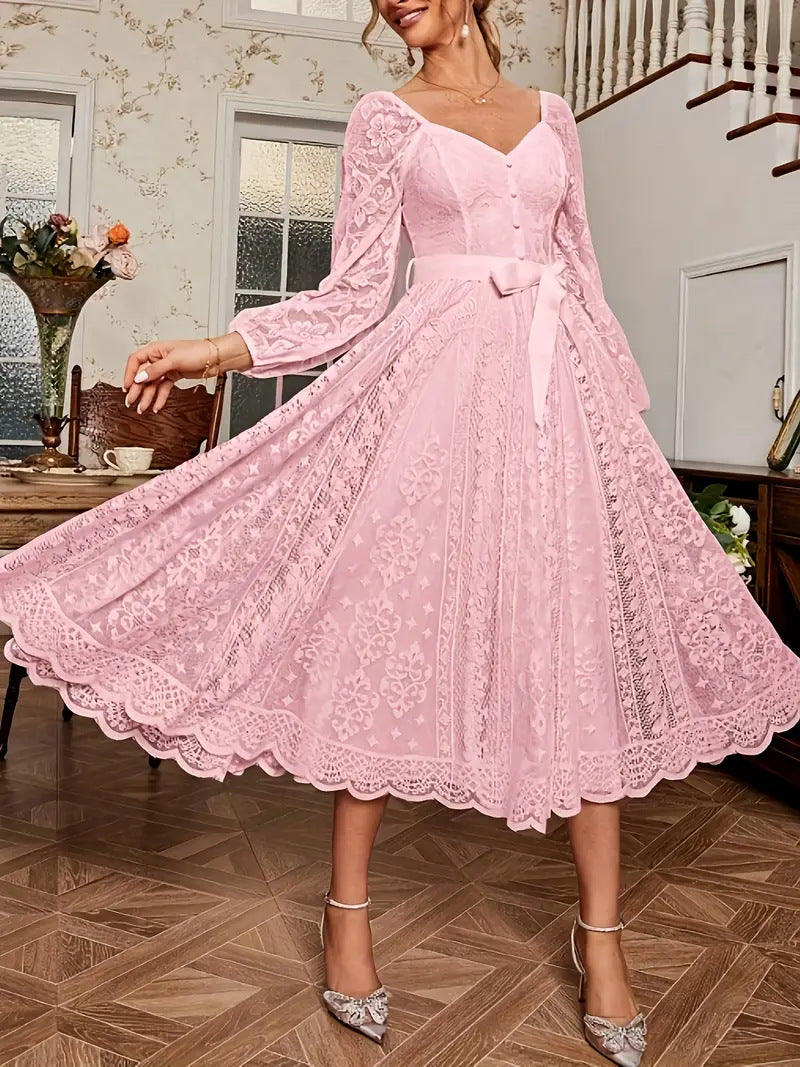 Damen Elegantes Spitze Midi-Kleid mit puffärmel und Taillenbindung