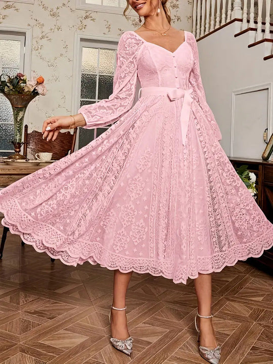 Damen Elegantes Spitze Midi-Kleid mit puffärmel und Taillenbindung