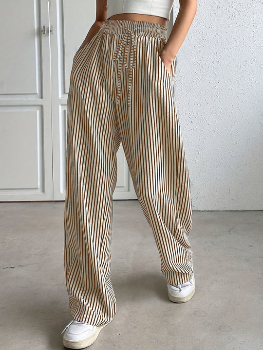 Damen Marlene-Streifenhose aus Leinenmix mit weitem Bein, Elastikbund und Kordelzug Shop Nory