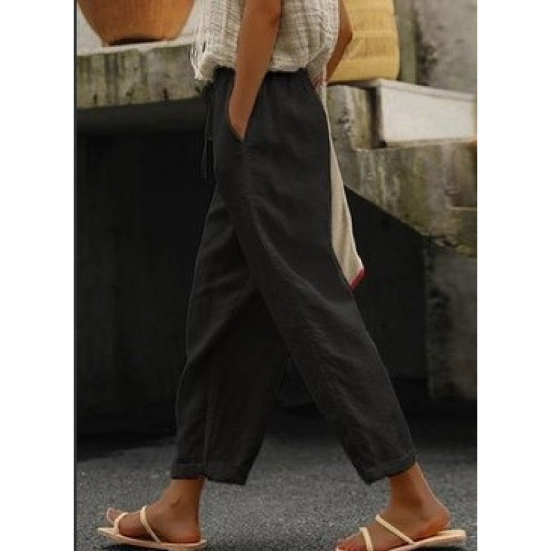 Damen lässige Leinenhose mit elastischem Bund und seitlichen Taschen ShopNory