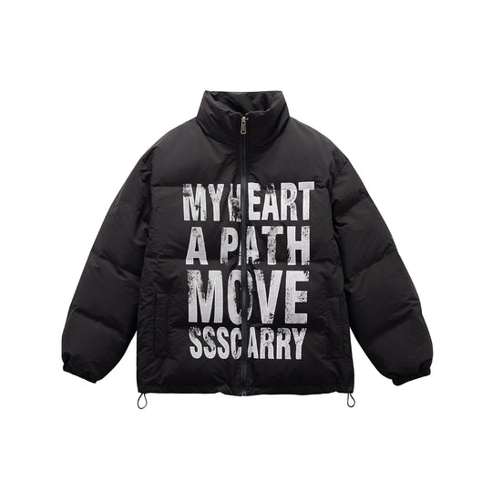 Unisex Oversize Steppjacke mit hohem Stehkragen und Statement-Print Shop Nory