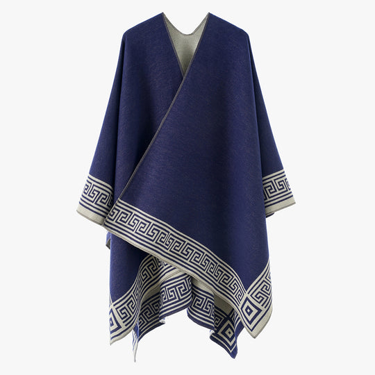 Damen Poncho‑Cape mit griechischer Bordüre, V‑Ausschnitt und kastigem Oversize‑Schnitt Shop Nory