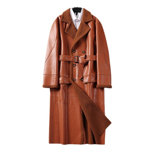 Herren Maxilanger Lederimitat-Mantel mit Teddyfutter, doppelreihiger Knopfleiste und Taillengürtel Shop Nory