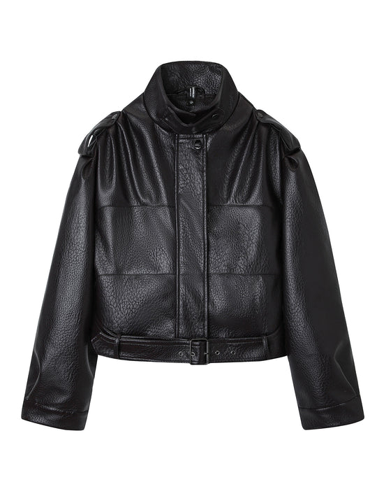 Damen Kurzjacke im Utility-Look aus strukturierter Kunstlederoptik mit hohem Stehkragen und verstellbarem Taillengürtel Shop Nory