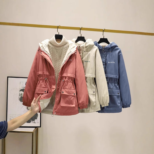 Damen gefütterte Parka-Jacke mit Kapuze und verstellbarem Taillenzug Shop Nory