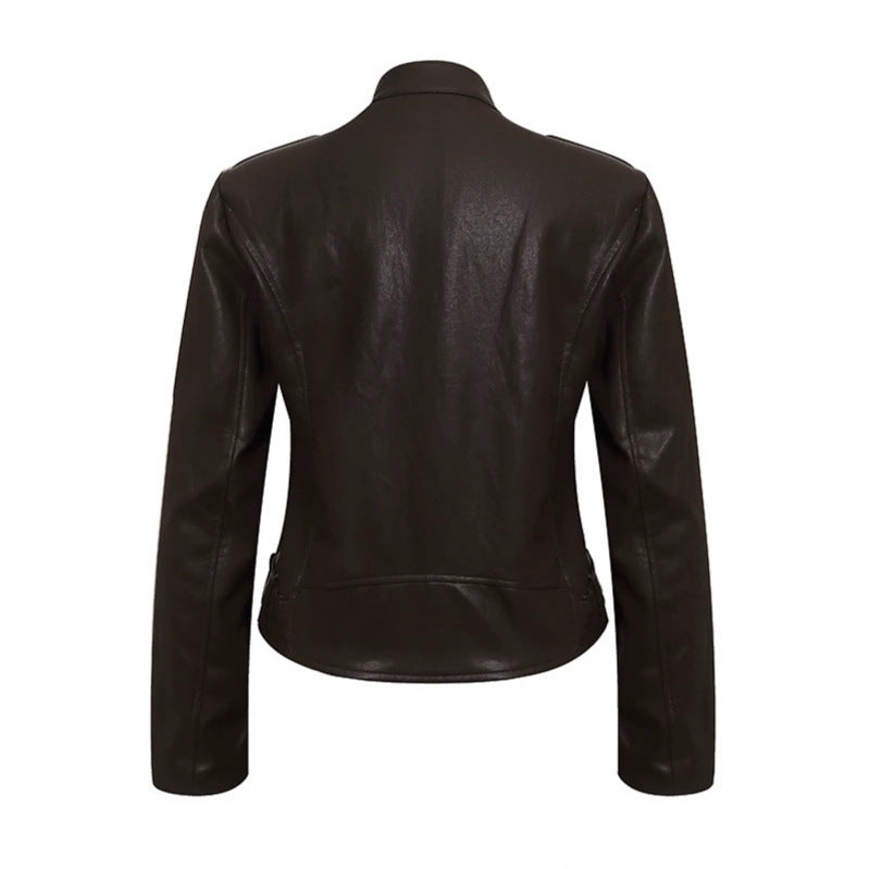Damen Taillierte Lederoptik-Jacke mit Stehkragen, Schulterklappen und Taillengürtel Shop Nory
