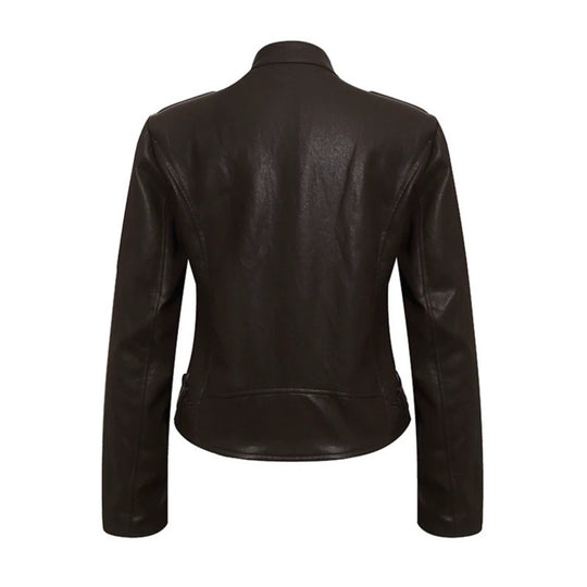 Damen Taillierte Lederoptik-Jacke mit Stehkragen, Schulterklappen und Taillengürtel Shop Nory