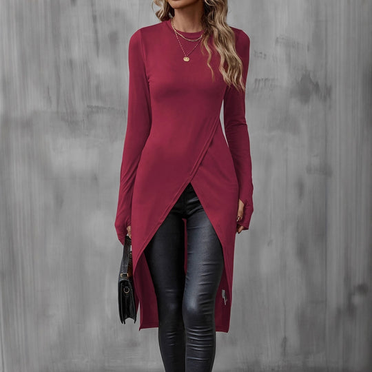Damen Asymmetrische Langarm-Tunika mit Wickel-Saum Shop Nory