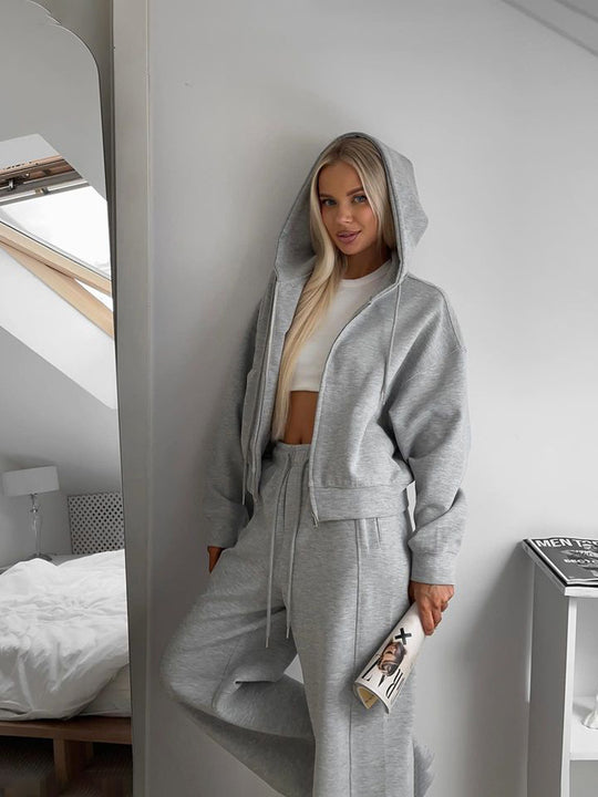 Damen lässiges Kapuzen-Sweatshirt mit Reißverschluss und weiten High-Waist Jogginghose Shop Nory