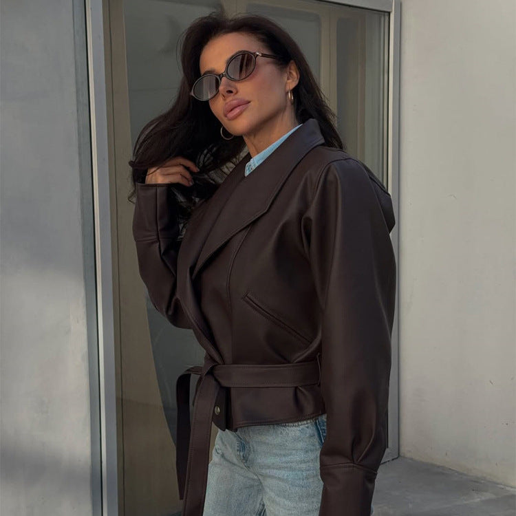 Damen Kurzblazer aus veganem Leder mit Taillengürtel Shop Nory