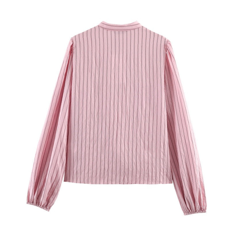 Damen Rüschenbluse mit Stehkragen, feinen Streifen und gerafften Ärmeln Shop Nory