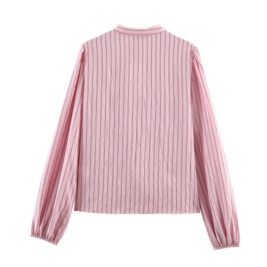Damen Rüschenbluse mit Stehkragen, feinen Streifen und gerafften Ärmeln Shop Nory