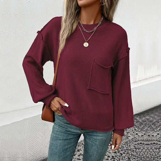 Damen Oversize Rundhals-Strickpullover mit aufgesetzter Brusttasche und fransiger Saumnaht Shop Nory