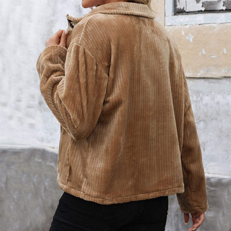 Damen Plüsch-Cordjacke mit Stehkragen, Reißverschluss & Kängurutaschen Shop Nory