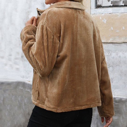 Damen Plüsch-Cordjacke mit Stehkragen, Reißverschluss & Kängurutaschen Shop Nory