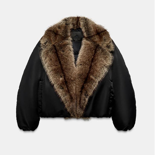 Damen Oversize-Bomberjacke mit voluminösem Fellkragen und Satinärmeln Shop Nory