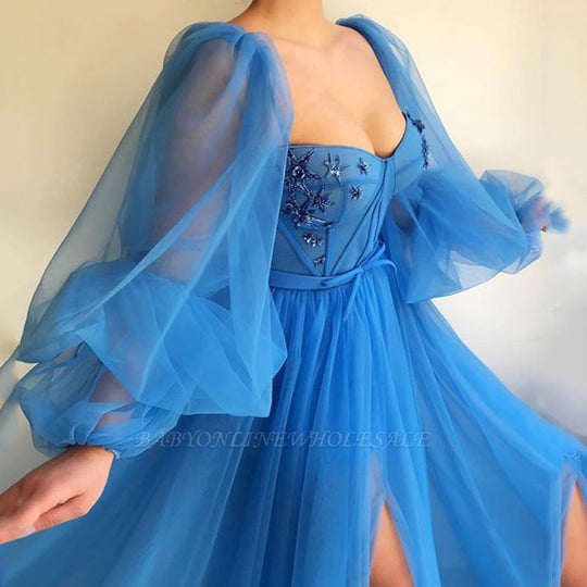 Damen Tüll Abendkleid mit voluminösen Ärmeln und seitlichem Schlitz