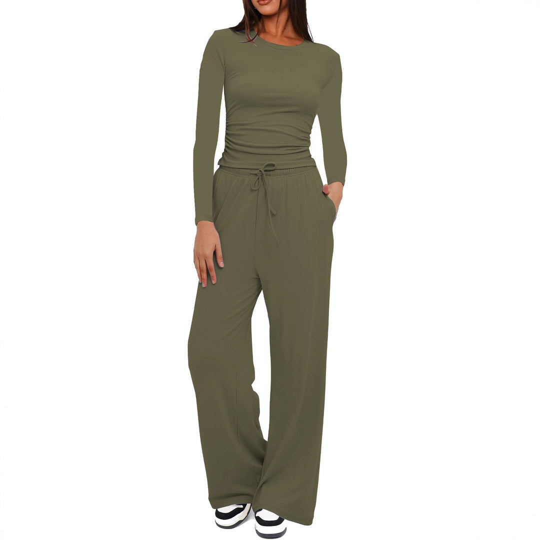 Damen Figurbetontes Longsleeve mit seitlicher Raffung und High-Waist Palazzo-Jogginghose Set Shop Nory