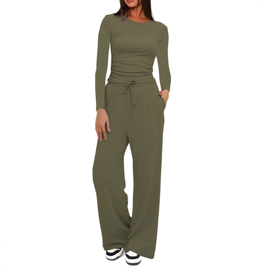 Damen Figurbetontes Longsleeve mit seitlicher Raffung und High-Waist Palazzo-Jogginghose Set Shop Nory